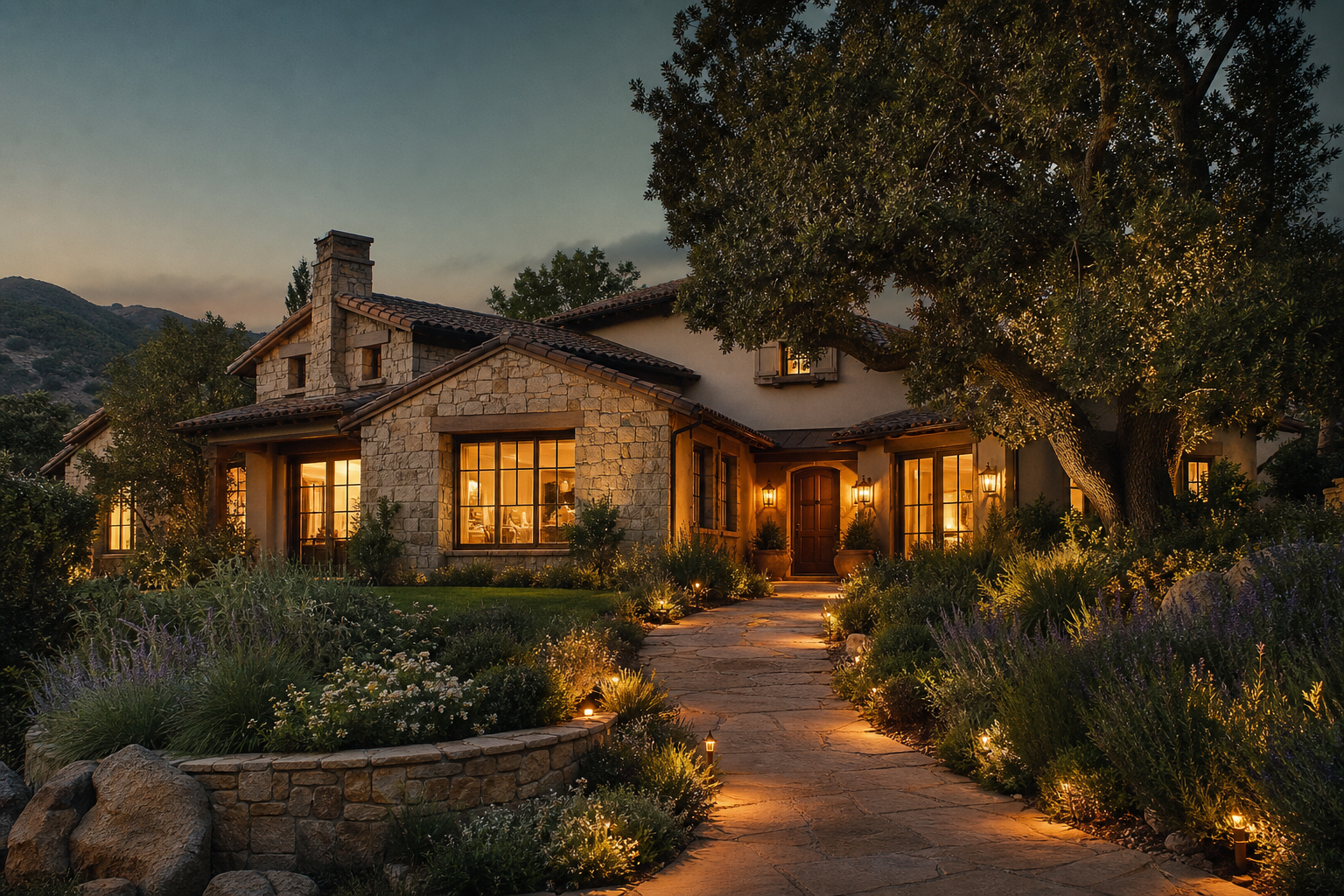 An aspirational foothills home exterior at golden hour